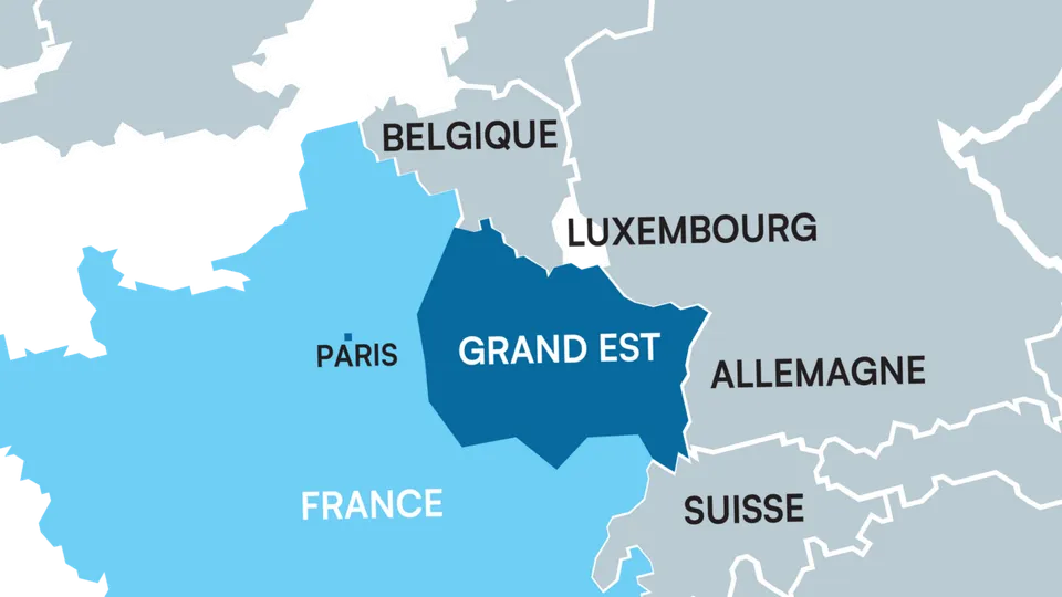 Carte situant la région Grand-Est dans l’est de la France, frontalière de la Belgique, du Luxembourg, de l’Allemagne et de la Suisse